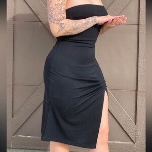 Black Strapless Midi Dress w/ Slit.